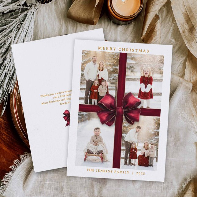 Invitation Merry Christmas Four Photo Card with Red Ribbon (Elegant Red bow 4 photo Christmas Greeting Card)