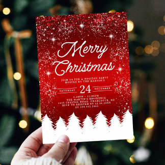 Invitation Merry Christmas Red & White Snowflakes Party