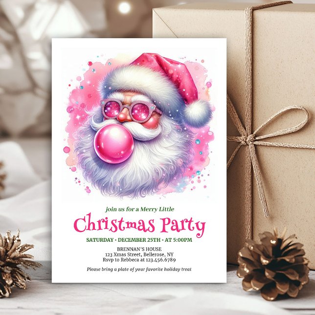 Invitation Merry pink santa chewing gum watercolor Christmas (Merry pink santa chewing gum watercolor Xmas invite)