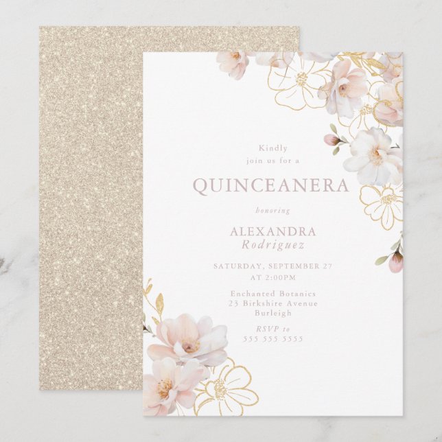 Invitation Merveilleux Blush & Gold Enchanted Quinceanera (Devant / Derrière)
