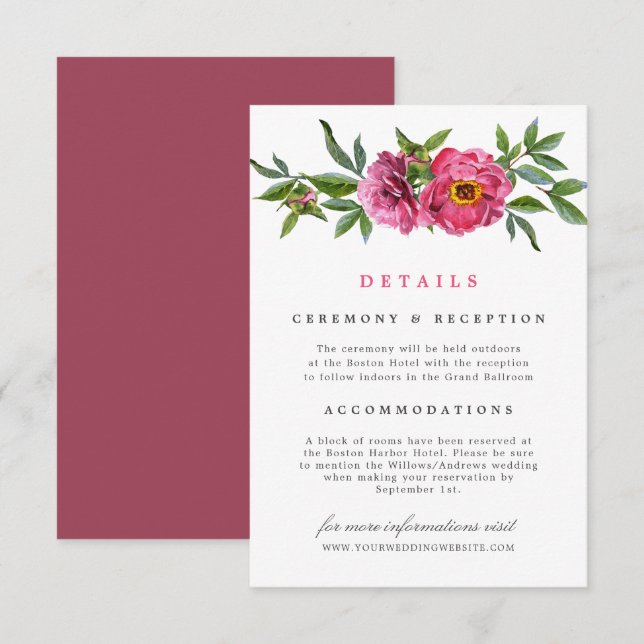 Invitation Merveilleux pivoines roses Détails du Mariage flor (Devant / Derrière)