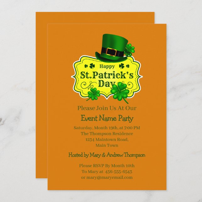 Invitation Message de Votre Nom St Patricks Day Trèfle Vert (Devant / Derrière)