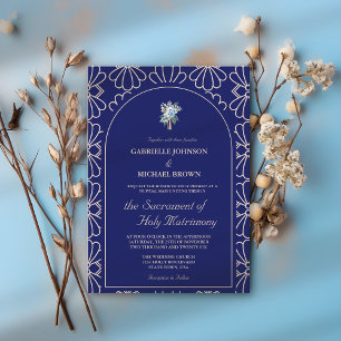 Invitation Messe de Mariage Nuptial Floral Bleu Royal Élégant