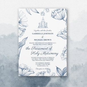 Invitation Messe de mariage nuptiale florale bleue élégante d