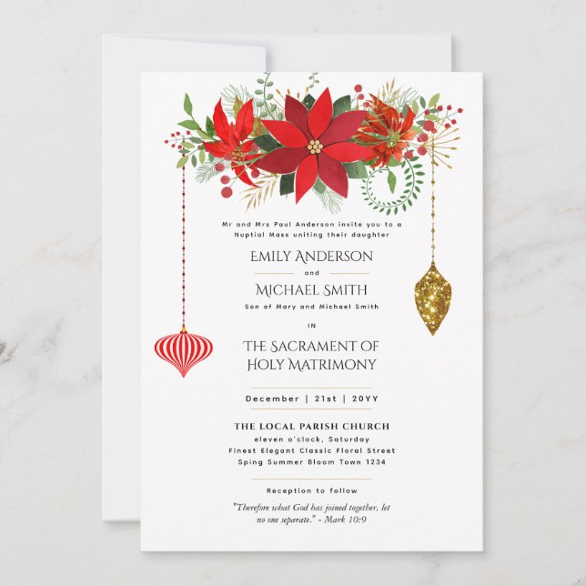 Invitation Messe nuptiale de Noël Poinsettia Mariage catholiq (Devant)