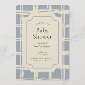 Invitation Messy Plaid Geometric Gender Neutral Blue Beige