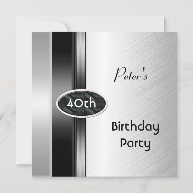 Invitation Métal Argent Blanc Mens 40e anniversaire de fête H (Devant)