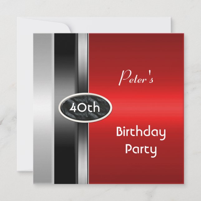 Invitation Métal Argent Rouge Mens 40e Anniversaire Fête Homm (Devant)