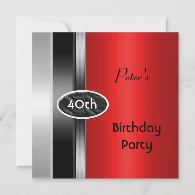 Invitation Métal Argent Rouge Mens 40e Anniversaire Fête Homm (Devant)