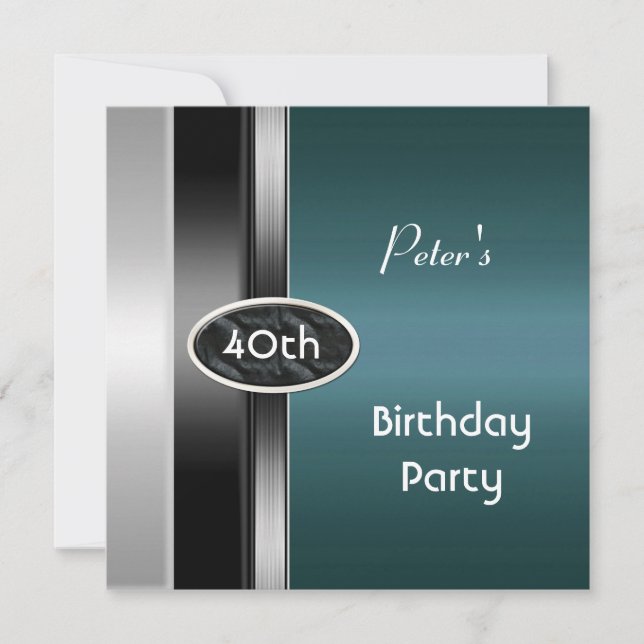 Invitation Métal Argent Turquoise Mens 40e anniversaire de fê (Devant)
