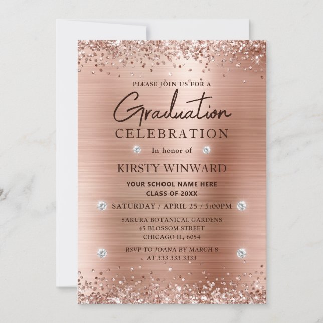 Invitation Métal brossé et Parties scintillant rose Gold (Devant)