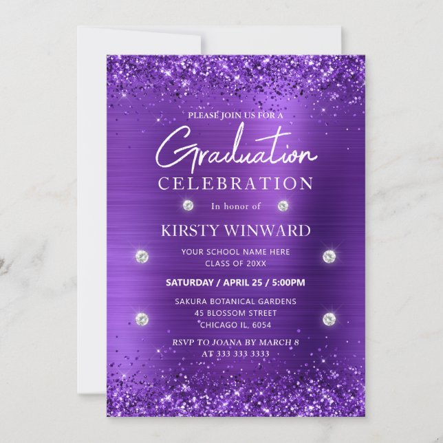 Invitation Métal brossé et Parties scintillant violet Graduat (Devant)