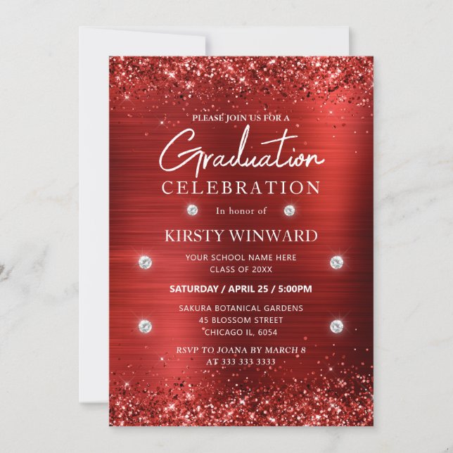 Invitation Métal brossé rouge et Parties scintillant Graduati (Devant)