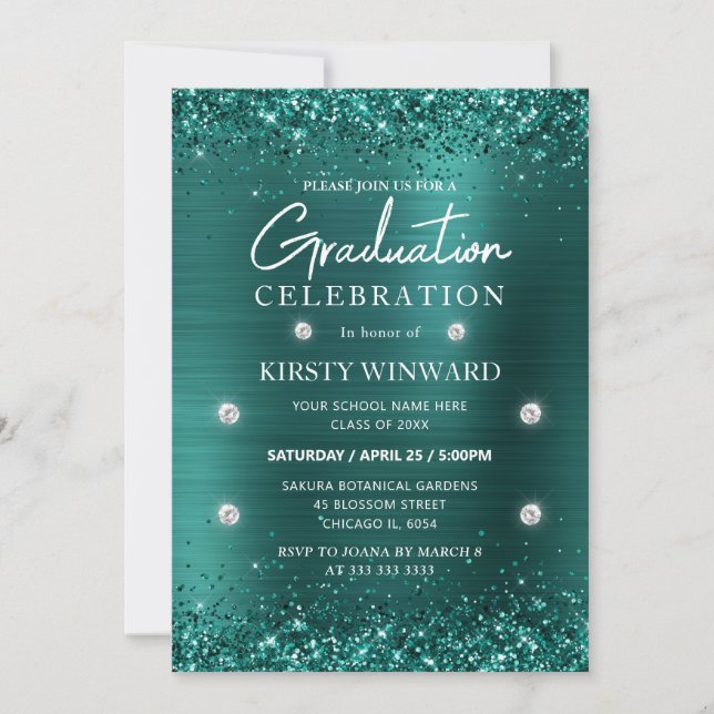 Invitation Métal brossé turquoise et Parties scintillant Grad (Devant)