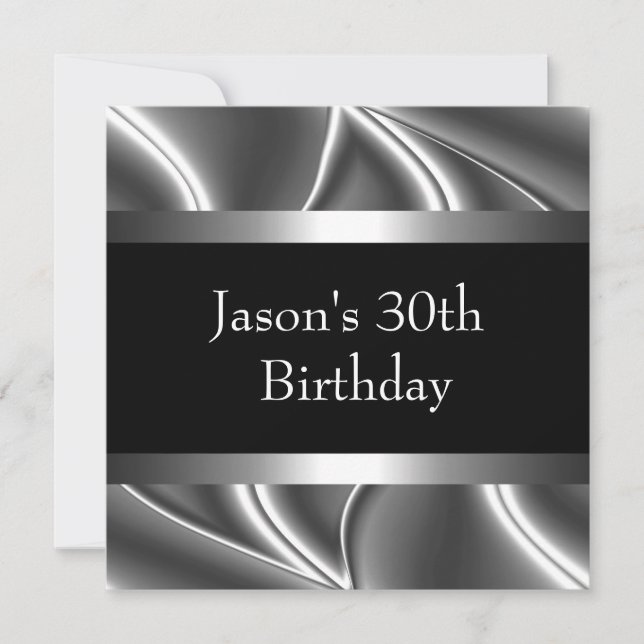 Invitation Métal Chrome noir style blanc argent Mens 30ème (Devant)