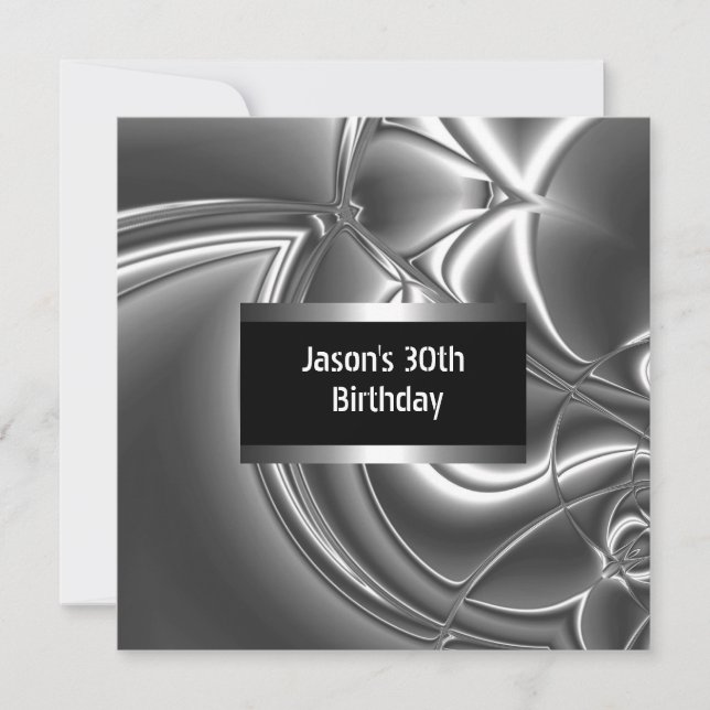 Invitation Métal Chrome noir style blanc argent Mens 30ème (Devant)