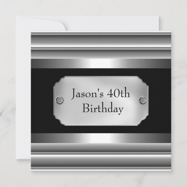 Invitation Métal Chrome noir style blanc argent Mens 40ème (Devant)