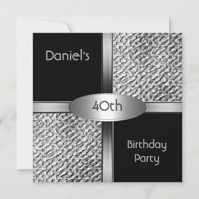 Invitation Métal Noir Blanc Argent 40e anniversaire Hommes (Devant)