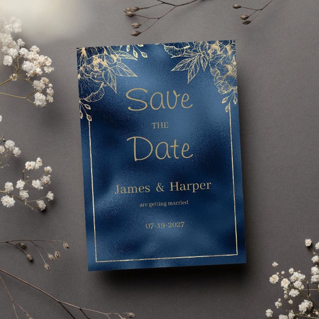 Invitation Métallic bleu dégradé or floral Enregistrer la dat (Metallic blue gradient gold floral Save the Date)