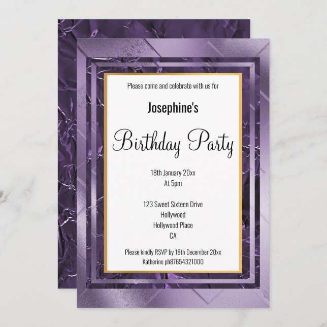 INVITATION METALLIC PURPLE LILAC LAYER FOIL ANNIVERSAIRE (Devant / Derrière)