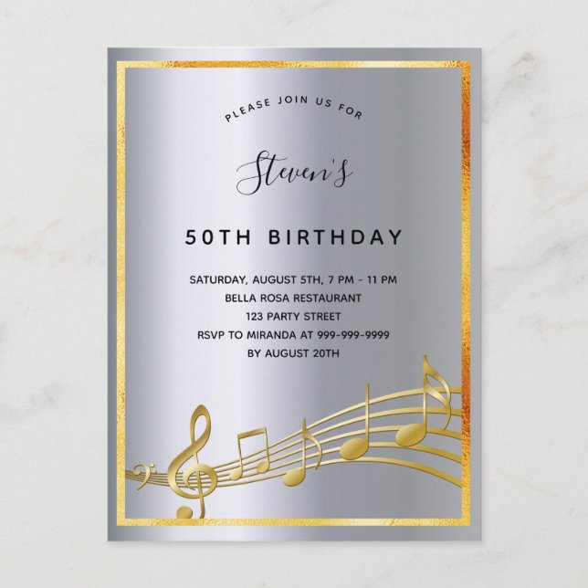 Invitation métallique avec notes de musique argent (Devant)