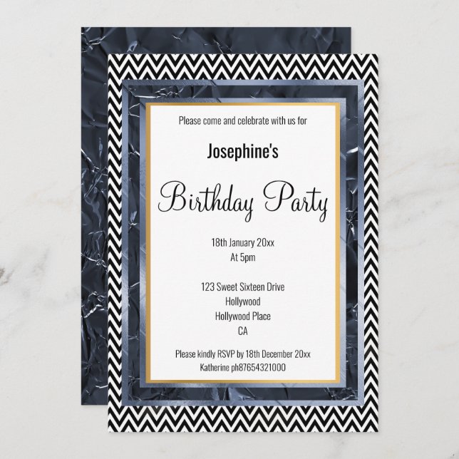 INVITATION MÉTALLIQUE FOIL BLUE LAYER CHEVRON ANNIVERSAIRE (Devant / Derrière)