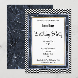 INVITATION MÉTALLIQUE FOIL BLUE LAYER CHEVRON ANNIVERSAIRE