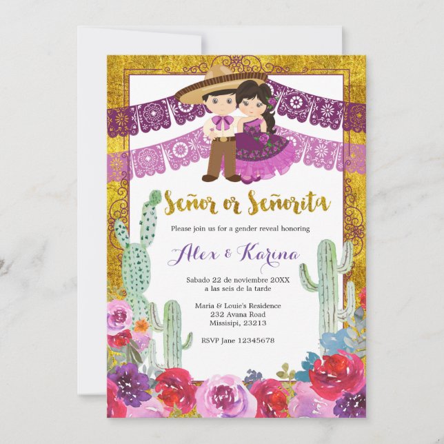 Invitation Mexicain Sexe Révéler Cactus Violet Floral (Devant)