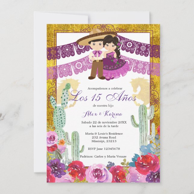 Invitation Mexicain Twin Anniversaire Cactus violet Floral (Devant)
