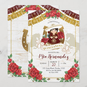Invitation Mexicaine Charra Bourgogne Rouge Quinceanera Ouest