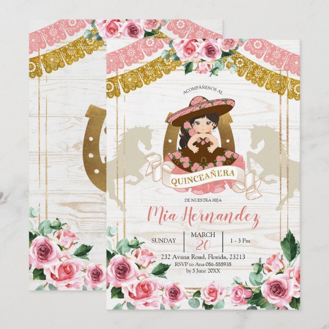 Invitation Mexicaine Charra Rose Quinceanera Ouest (Devant / Derrière)