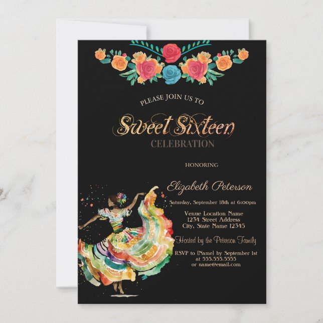 Invitation Mexicaine Fleurs de Fiesta Senorita Sweet 16 (Devant)