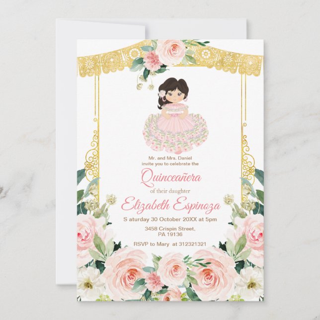 Invitation Mexicaine Fleurs Roses Rouges Quinceanera Mis Quin (Devant)