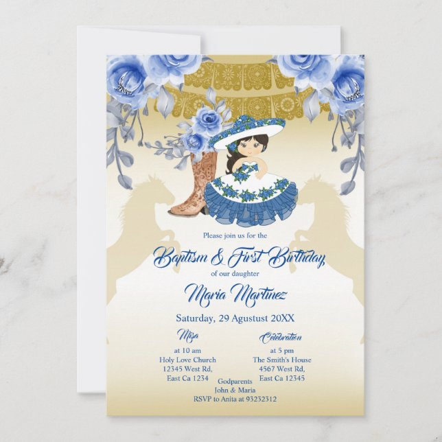 Invitation Mexicaine mignonne fille Baptême et Fleur Bleue d' (Devant)