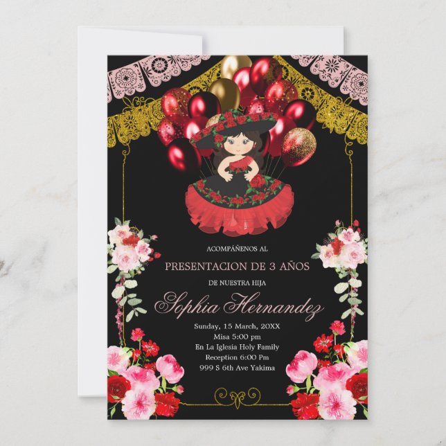 Invitation Mexicaine Red & Gold Girl Charra Balloon Mis Quinc (Devant)