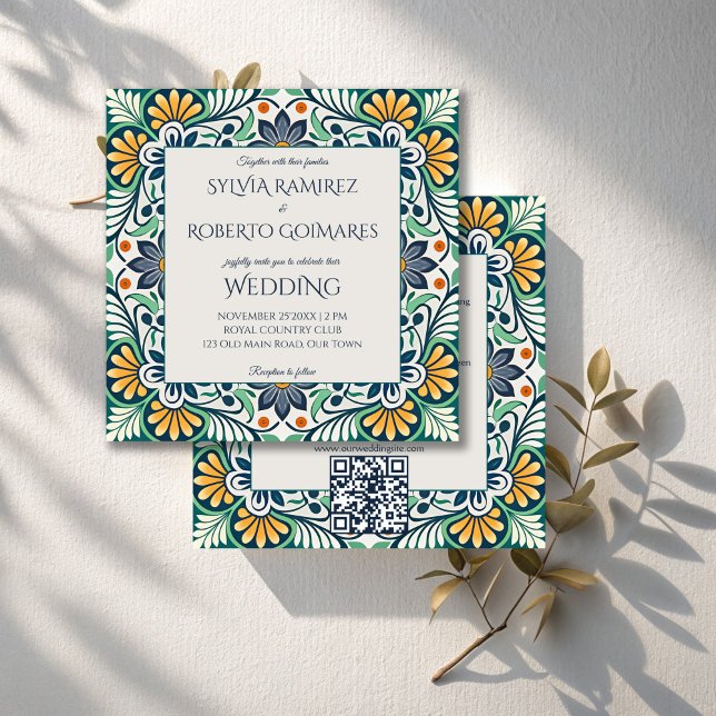 Invitation Mexicaine Talavera Azulejo mariage élégant avec RS (Mexican Talavera Azul elegant wedding Invitations with RSVP teal green colorful wedding cards)