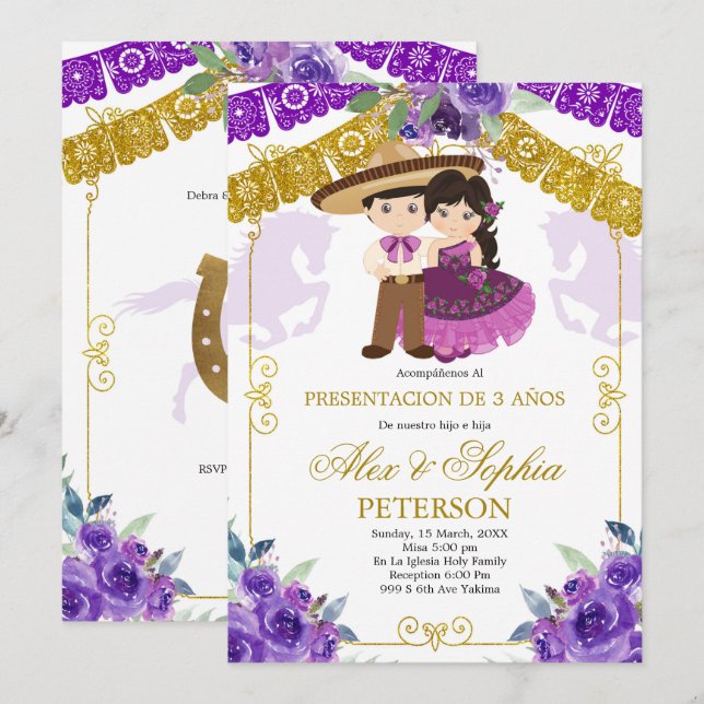 Invitation Mexicaine Violet et Or Twin Tres Anos (Devant / Derrière)
