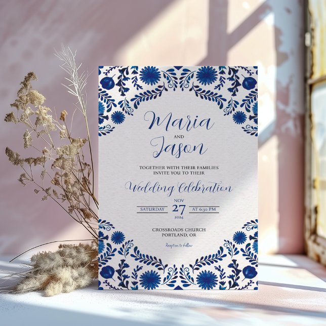 Invitation Mexican Blue Floral Aesthetic Botanical Wedding (Mexican Blue Floral Aesthetic Botanical Wedding Invitation)