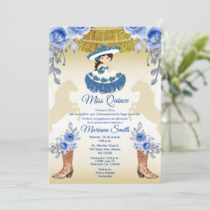 Invitation Mexican Gold Blue Roses Fleurs Quinceanera 