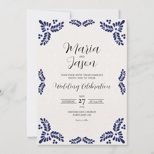 Invitation Mexican Talavera Black Floral Minimalist Wedding (Devant)
