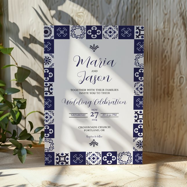 Invitation Mexican Talavera Majolica Navy Blue White Wedding (Mexican Talavera Majolica Navy Blue White Wedding Invitation)