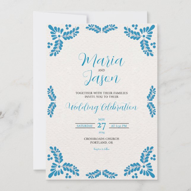 Invitation Mexican Talavera Turquoise Minimalist Wedding (Devant)