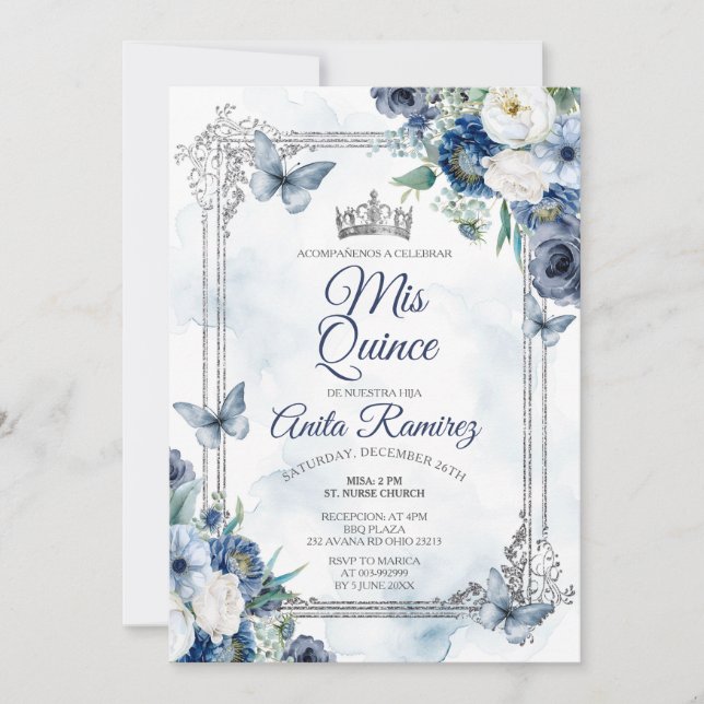 Invitation Mexique Argent Couronne & Marine Bleu Roses MIS QU (Devant)