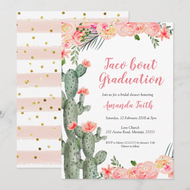 Invitation Mexique Cactus Taco sur la Graduation (Devant / Derrière)