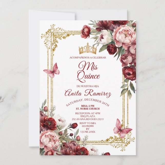 Invitation Mexique Élégant Roses Rouges Papillon Quinceañera (Devant)