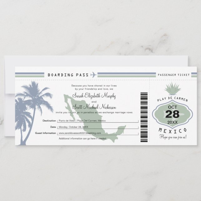 Invitation Mexique Palm Tree Agave Boarding Pass Mariage (Devant)