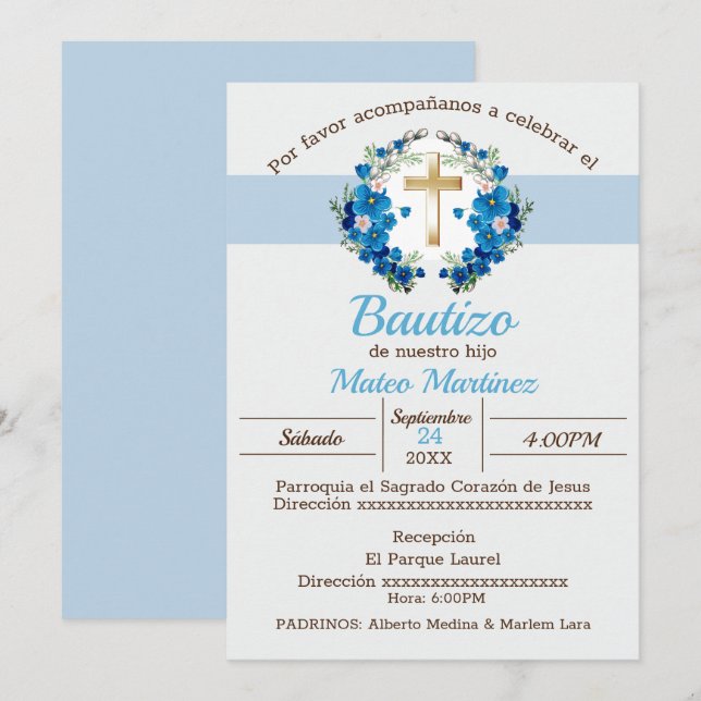 Invitation Mi Bautizo para niño (Devant / Derrière)