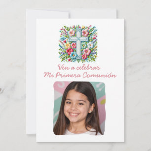 Invitation Mi Primera Comunión Cruz & Flores con foto