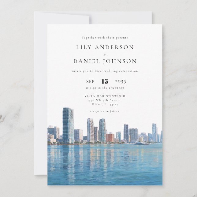 Invitation Miami Skyline Watercolor QR Code Wedding (Devant)