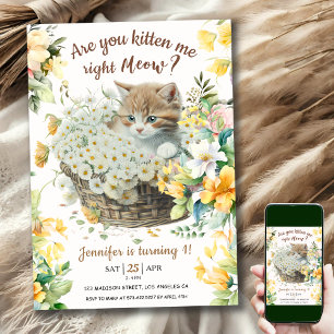 Invitation Miaou ! Fille du 1er anniversaire Floral Chaton mi